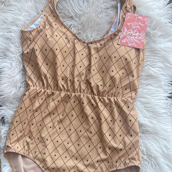 NWT Kortni Jeane Brown One Piece Swimsuit Windowpane Grid Women's L - Picture 2 of 7